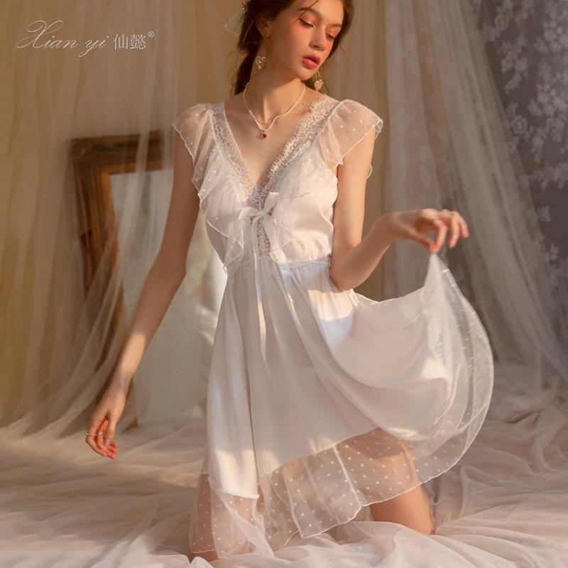 Xian Yi Private Long Pajamas Silk Pure Desire Style Nightdress Lace Sling Women's Home Clothes 472