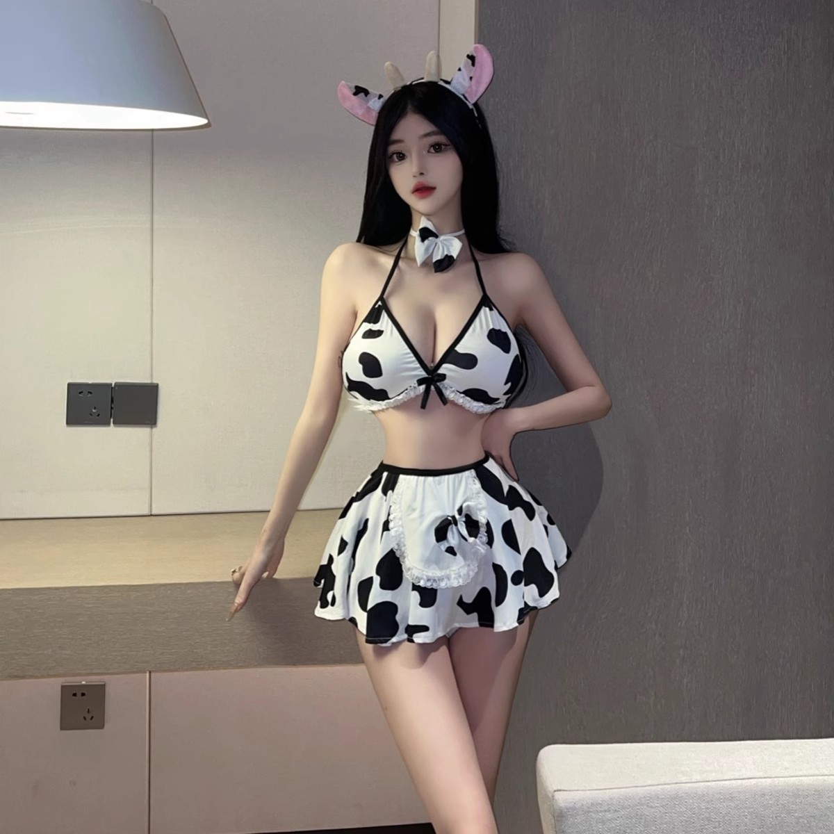 Sexy Cow-Themed Lingerie, Seductive Uniform Set, Bunny Girl, Hot See-Through Open-Crotch, Small Bust Enhancement