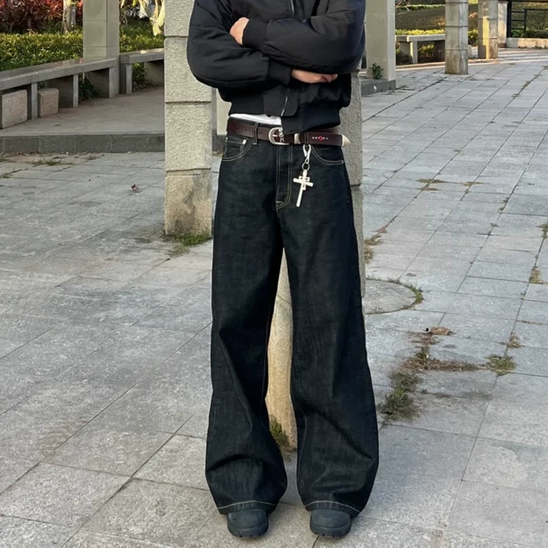 American style original denim curved knife jeans for men, retro loose and lazy, casual and slimming, high and wide leg pants