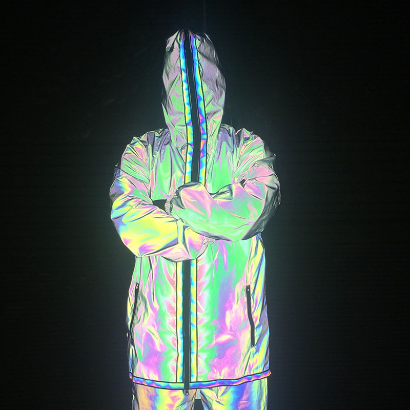 European and American Cross-Border Colorful Reflective Windbreaker European Size Loose Cloak Amazon Laser Luminous Mid-Length Jacket