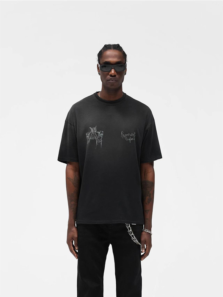 Represent Rep American English Logo Vicious Dog ​​Doberman Hand-Painted Style Washed and Distressed Short-Sleeved T-Shirt for Men and Women
