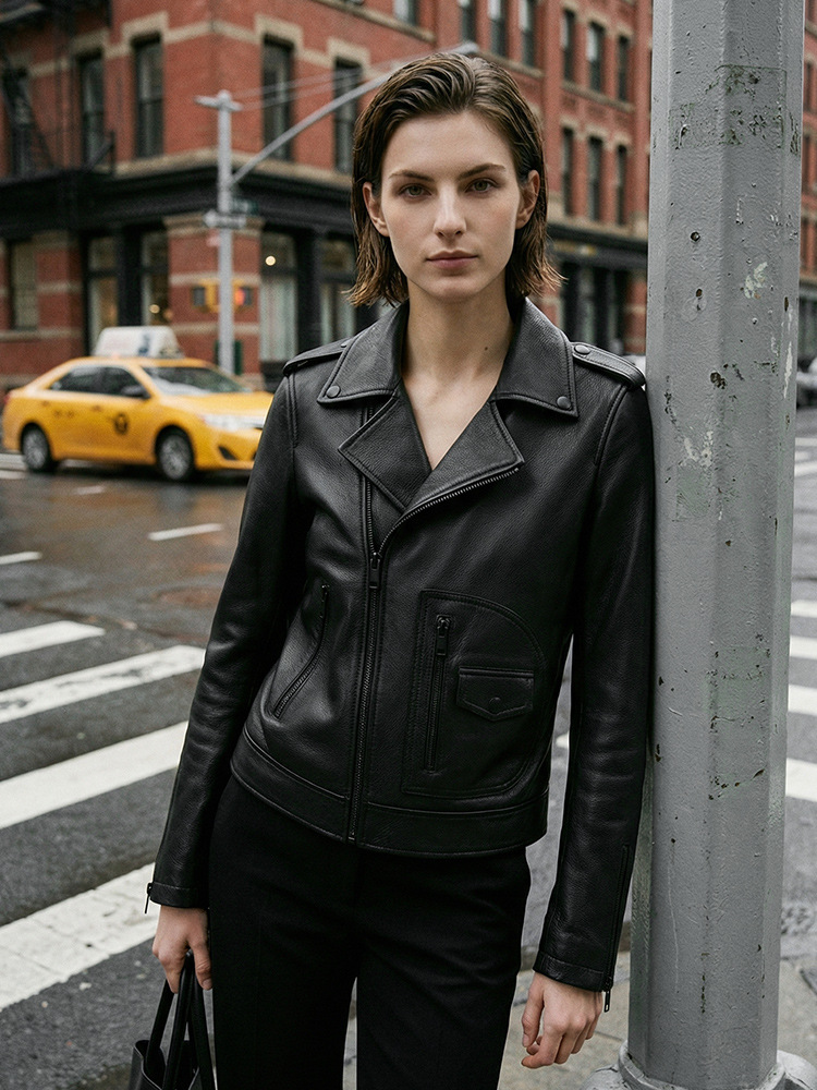 Women's Short Leather Jacket, Sheepskin Biker Leather Jacket, Slim Fit, Black Turn-Down Collar, Haining Source Factory