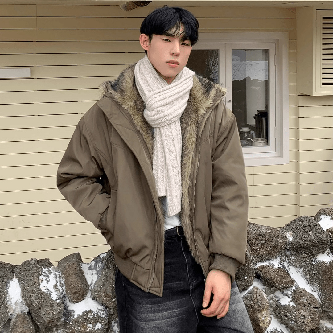 Winter American Style Vintage High Street Mountain Carved Wool Collar Cotton-padded Coat Men's Bomber Jacket Coat fleece-lined Warm Cotton-padded Coat