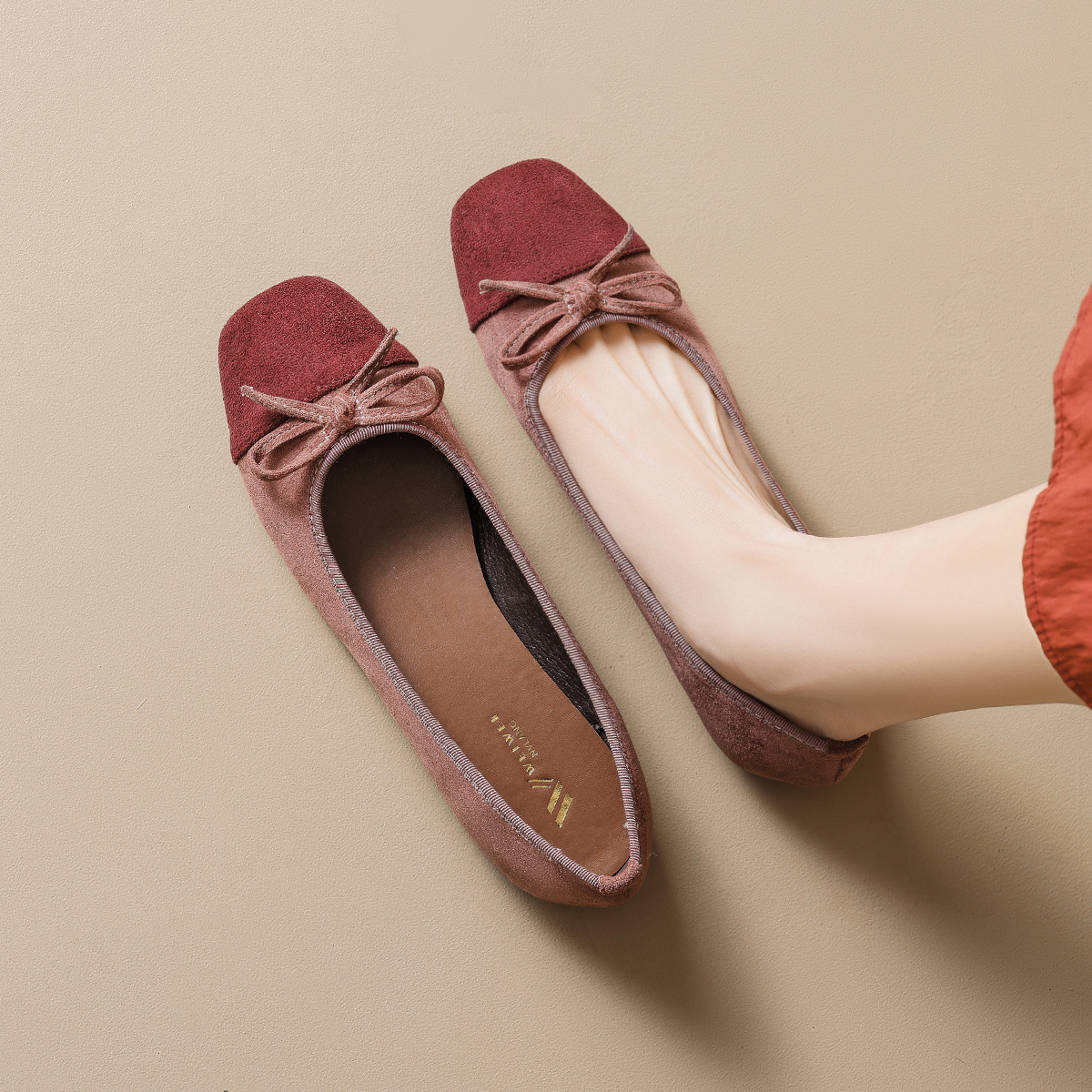 Weiwei Girl 363-1 Bowknot Ballet Flats Women's Flat Loafers Gentle Style Square Toe Shallow Mouth Single Shoes for Women