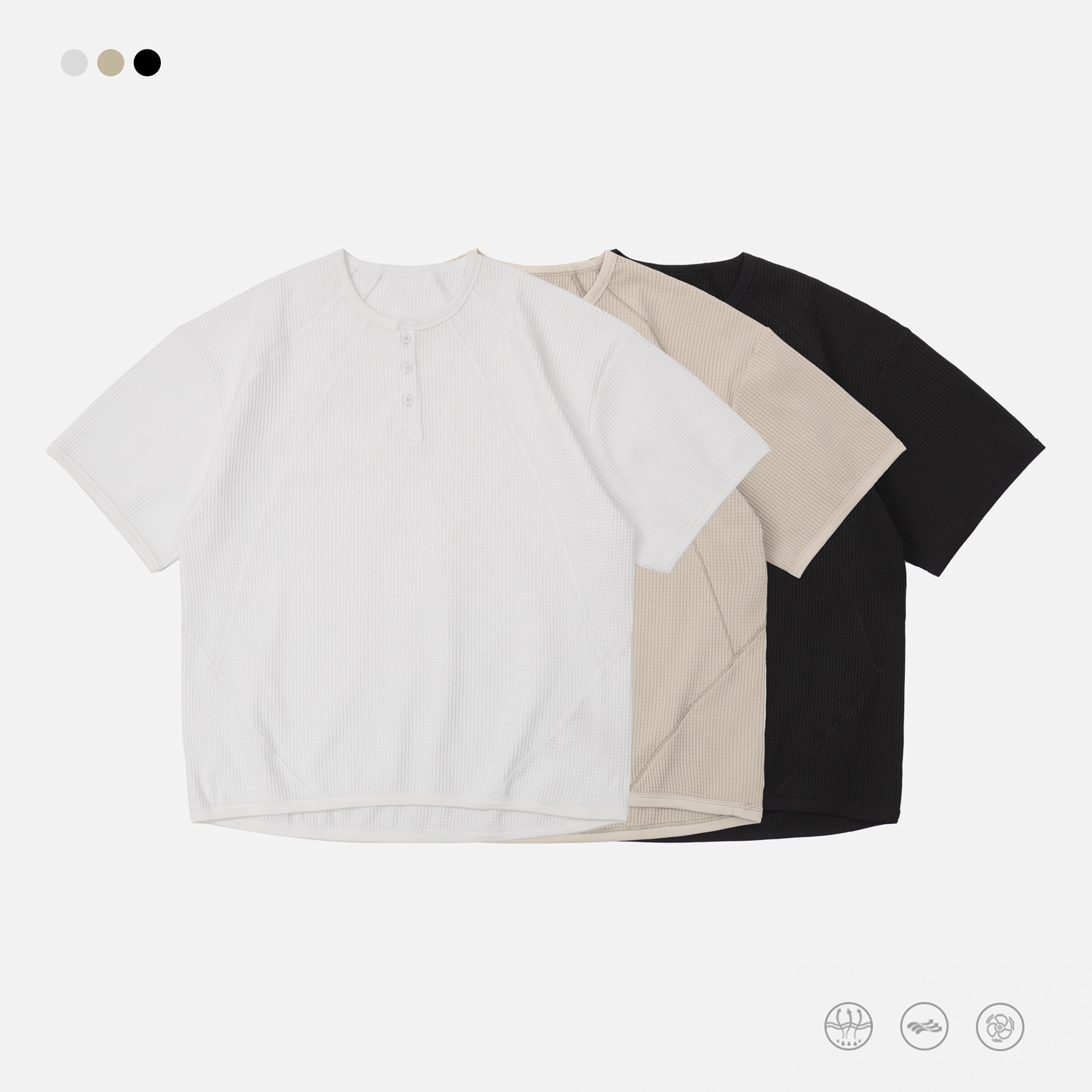 Trs Minimalist Series | Henry Collar Quick-Dry Patchwork Waffle Top Lightweight Breathable Loose Casual Short-Sleeve T-Shirt