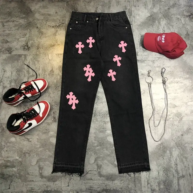 Indispensable Distressed Washed Denim Straight-Leg Trendy Unisex Brand-Name Jeans with Fringe Details