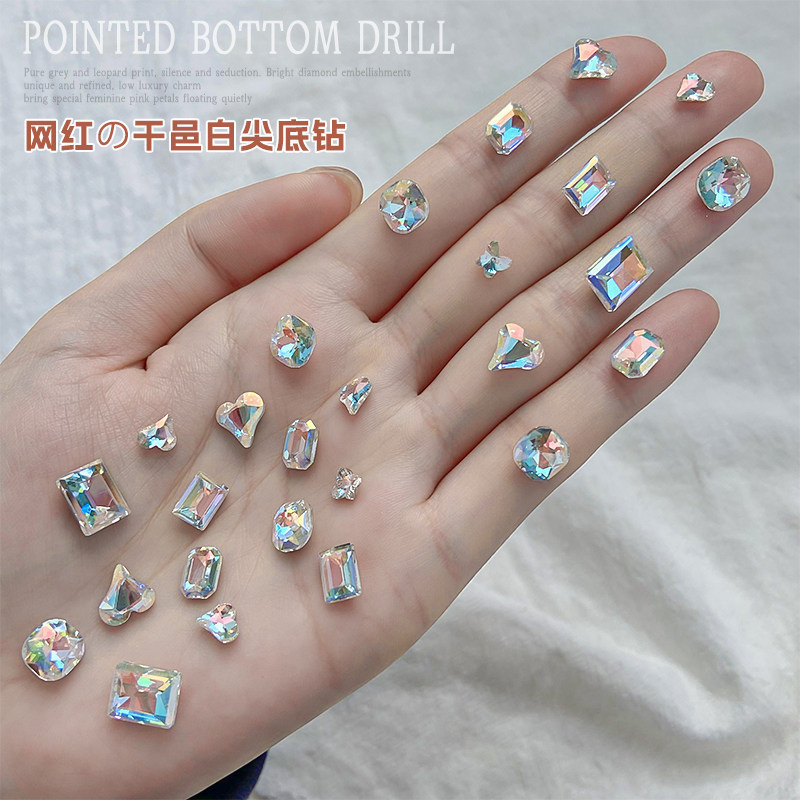 New Trendy Internet Celebrity Cognac White Nail Art Rhinestones, Crystal Pointed-Back Rhinestones, Ice-Clear Aurora Iridescent Nail Rhinestones, Nail Art Decoration Accessories