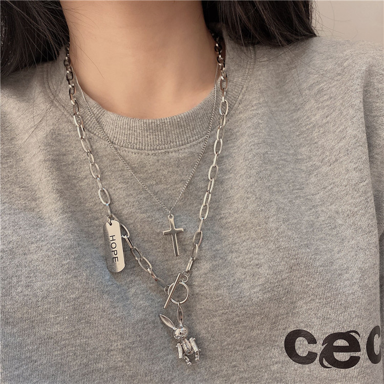 Titanium Steel Fadeless Dark Rabbit Cross Cool Multi-Layer Necklace Cold Style Hip Hop Disco Necklace Unisex