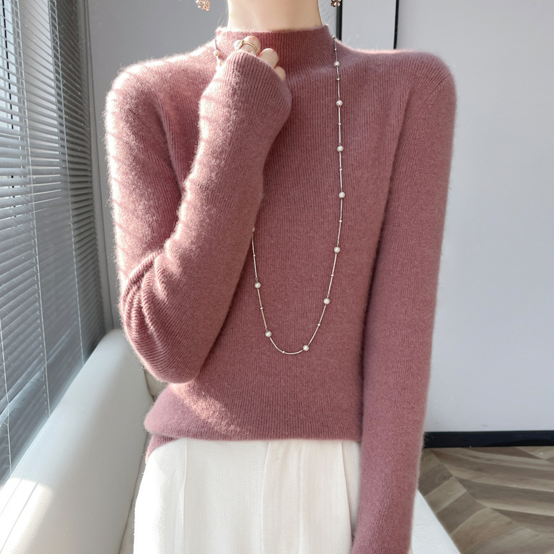 Autumn and Winter Half-high Collar Base Shirt Women's Sweater with Long Sleeve Andi Velvet Slim-fit Knitted New Tight Top with Middle Collar