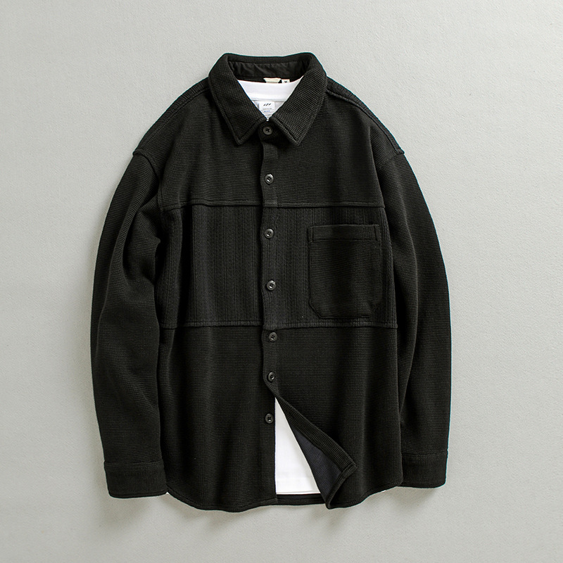 Autumn New retro woolen long-sleeved shirt men's loose youth casual all-matching top stitching outer wear 5102