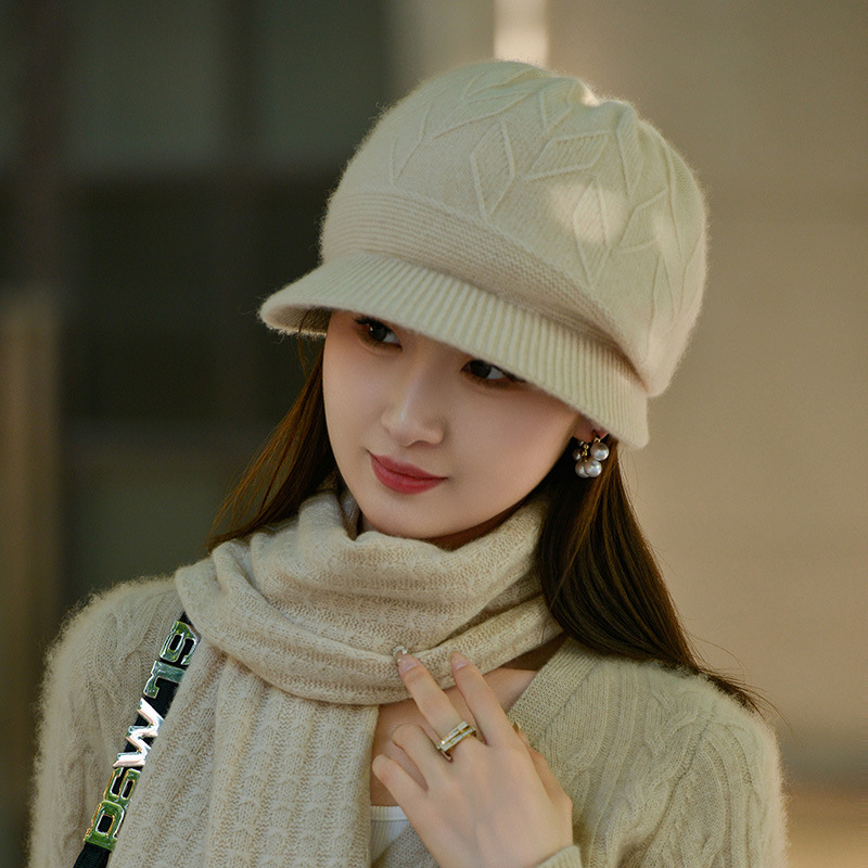 Solid Color Cashmere Hat, New Autumn and Winter Thickened Knitted Cable Pattern Casual Ear-Protecting Warm Beanie with a Round Top