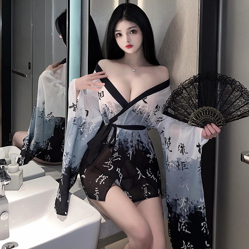 Rainy Night charming sexy lingerie Japanese kimono ink painting ancient style hanfu bathrobe plus size perspective role play suit