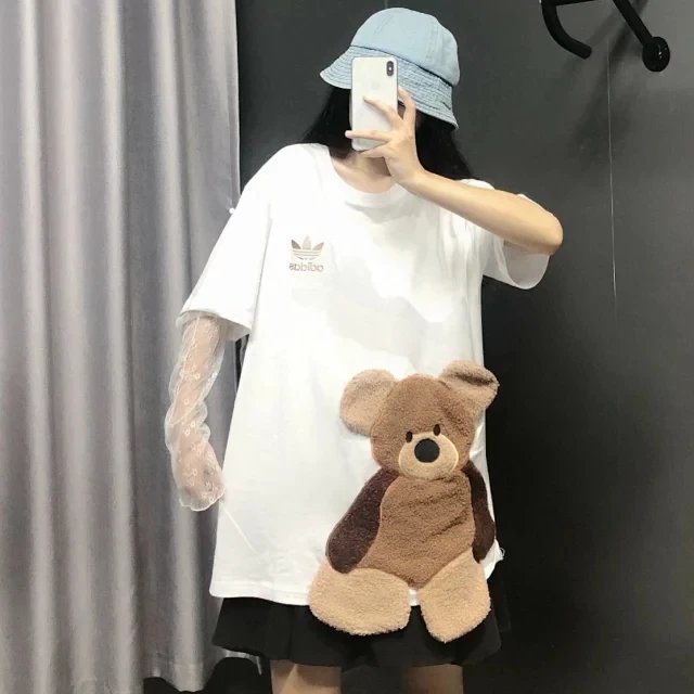 Adidas clover retro stitching net red plush bear embroidery short-sleeved T-shirt 59.9 yuan