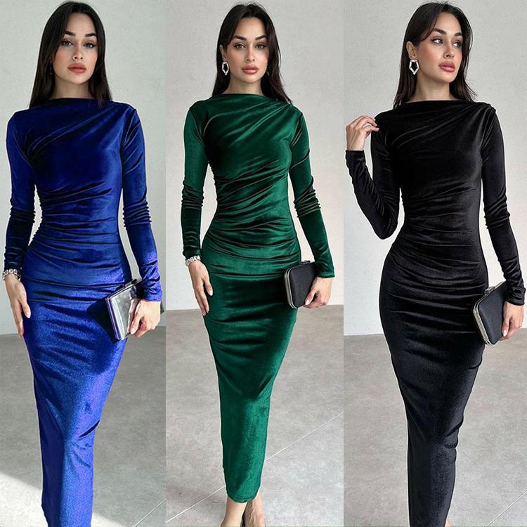 Amazon Women's Clothing 2026 Autumn/Winter New Fashion Solid Color Slim Fit Ruched Round Neck Long Sleeve Dress Gown for Export