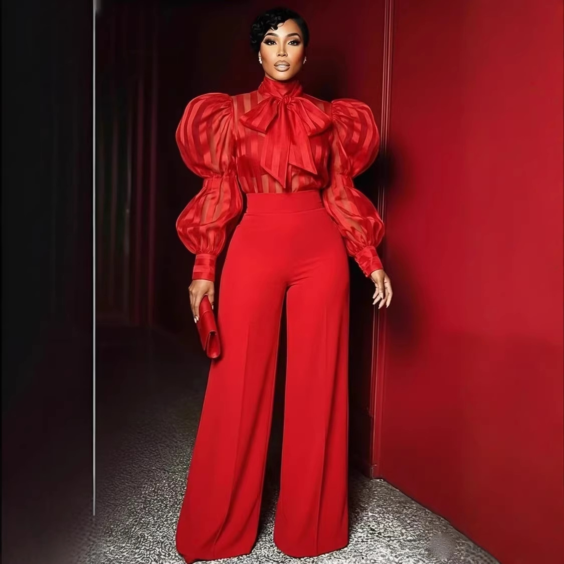 2026 Spring/Summer New Red High-Waisted Wide-Leg Pants for Women, European and American Style, Draped Floor-Length Pants, Slimming, Versatile, Casual Long Pants
