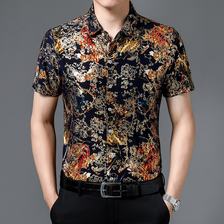 2024 Summer Short-sleeved Shirt Men's Silk Cotton Non-ironing Flower Shirt Men's Fat Men's Loose Plus Size Printed Half-sleeved Shirt