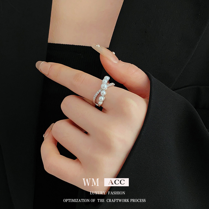 Zircon cross Pearl open ring light luxury fashion all-match index finger ring elegant high sense bracelet factory wholesale