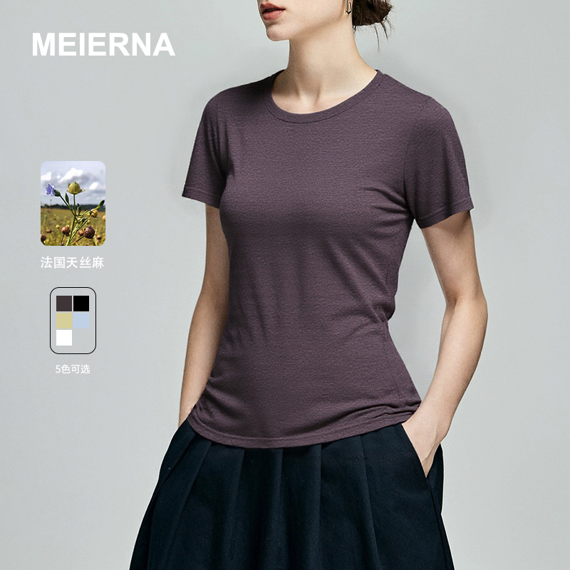 Paris Tencel Linen Crewneck T2025 Summer Commuter All-match Casual Simple Short-sleeved T-shirt Design Sense Women's Top