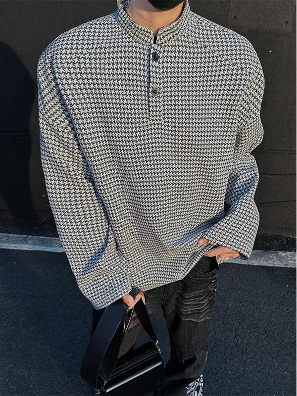 Jianheng's New Houndstooth Chenille Fabric Henry Collar Trendy American Retro Top Casual Long-Sleeved T-Shirt