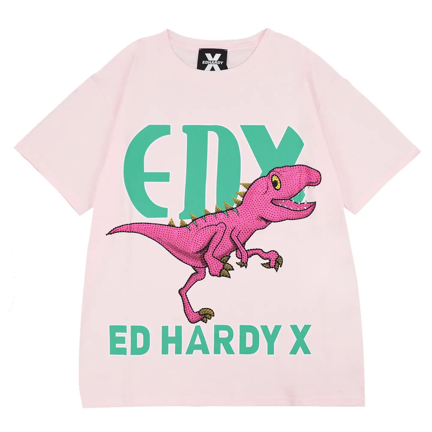 Edhardyx2025 Summer Dinosaur Hot Drilling Print round Neck Casual Short Sleeve T-shirt Summer Men's and Women's Same Fashion