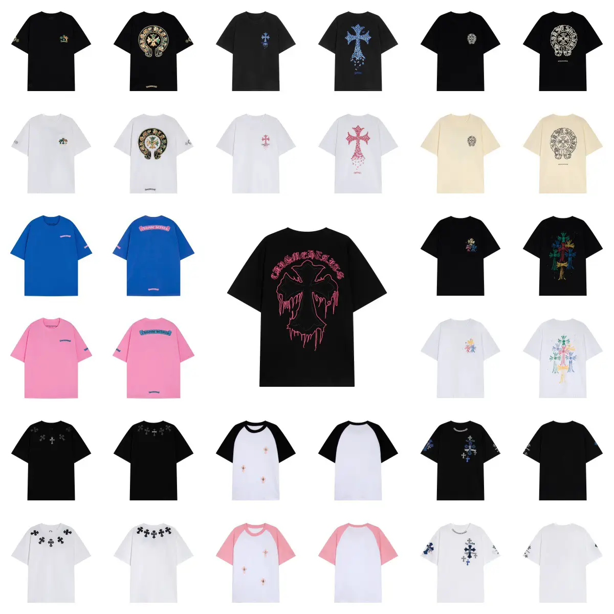 High Version Ch Crowe's New Cross Sanskrit Embroider Men's and Women's Casual Loose Short-Sleeved T-Shirt