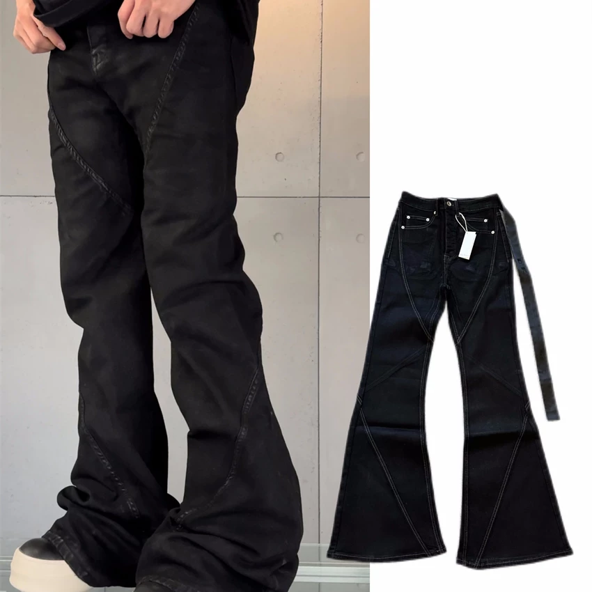 RO original 25ss dark style spiral splicing brush wax micro pull floor pants black elastic men's and women's trendy jeans