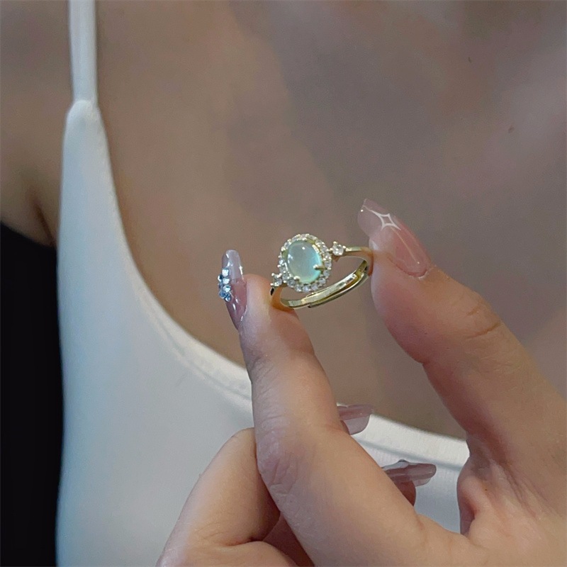Lake Water Blue Egg Noodles Ice Kind Chalcedony Ring Live Mouth Index Finger Middle Finger Light Luxury Exquisite High Sense Niche Unique Personality