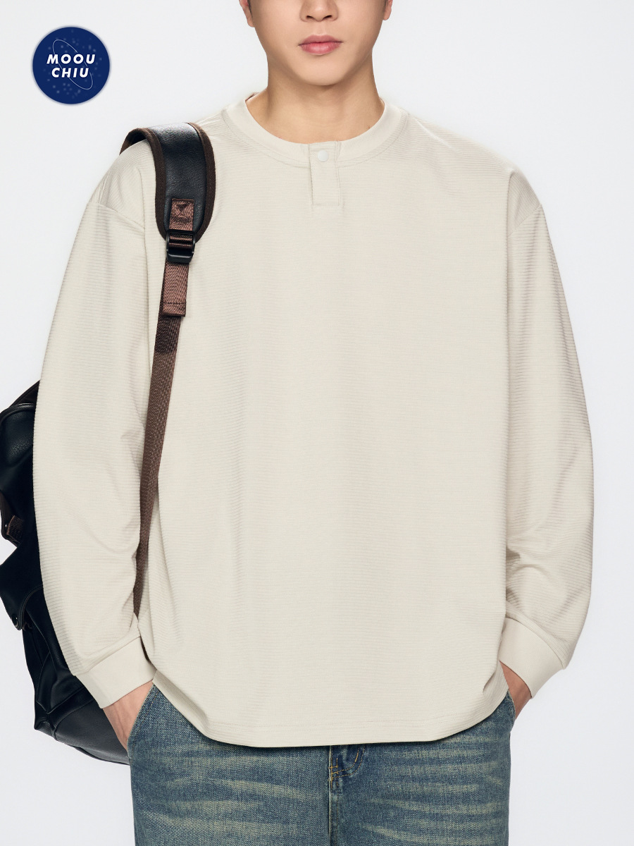 Muqiu Men's Clothing | 2026 Spring New Henley Collar Long Sleeve T-Shirt Men's American Style Loose Commuter T-Shirt Top