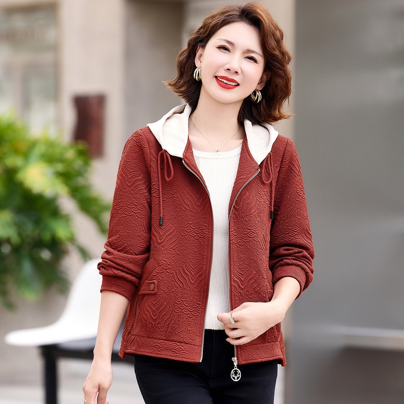 Fashionable Women's Hooded Jacket for Middle-Aged and Elderly, Loose Casual Baseball Jacket, Spring and Autumn Top, Stylish Short Coat for Moms