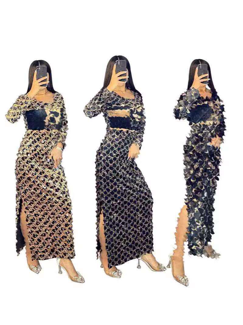 Y71369 European and American women's clothing party casual fashion printed split soft warm Korean velvet winter long sleeve dress