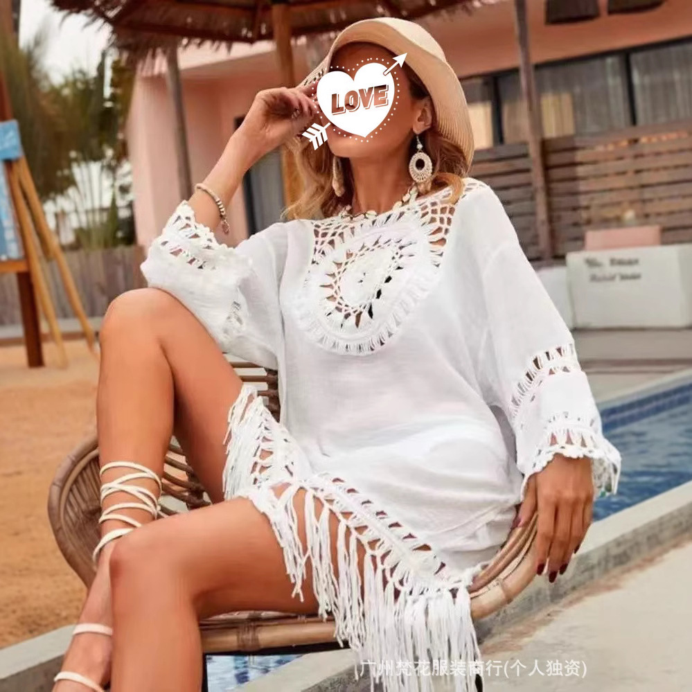 Cross-border New Women's Knitwear Long-sleeve Hollow-out Hook Bikini Blouse Loose Bohemian Beach Blouse