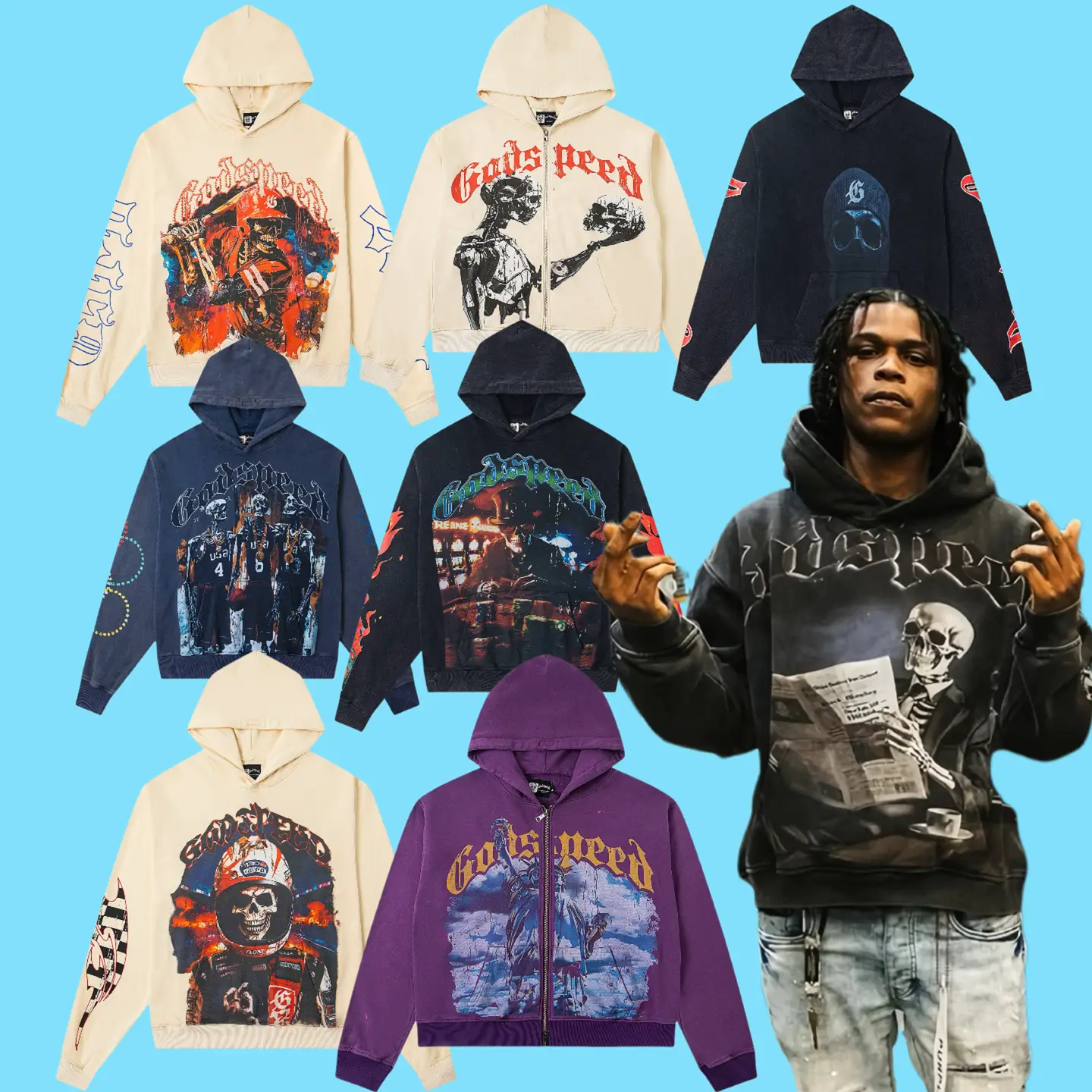 High Version Godspeed American High Street Niche style Trendy Washed and Distressed Print pure cotton Hooded Sweatshirt