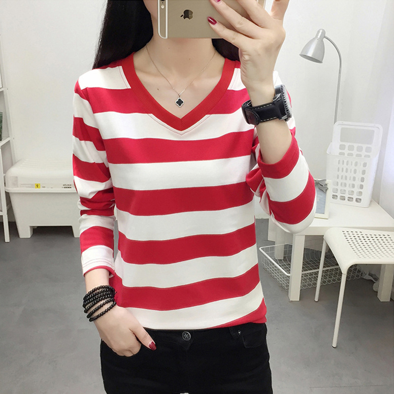 2025 New Korean Style Spring and Autumn Plus Size Women's Striped V-Neck T-Shirt Long-Sleeved Cotton Versatile Base Shirt Trendy