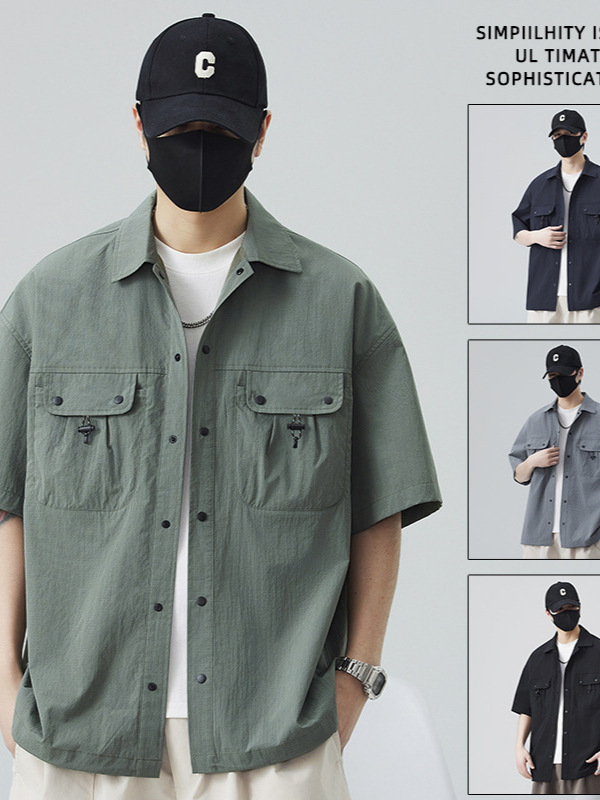 Factory Direct Sale 2026 New Summer Ice Silk Thin American Retro Workwear Short-Sleeve Shirt for Men with Multiple Pockets