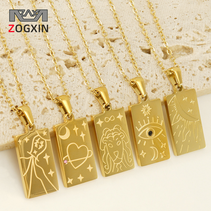 Cross-Border 18K Gold Stainless Steel Tarot Card Necklace for Women, Fashionable and Unique Titanium Steel Square Pendant Necklace Jewelry Wholesale