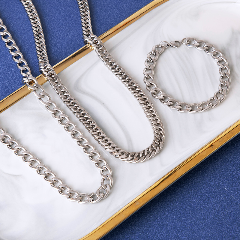 European and American stainless steel jewelry fashion personality hip hop plain ring bare chain thick bracelet men and women couple T-shirt clavicle necklace