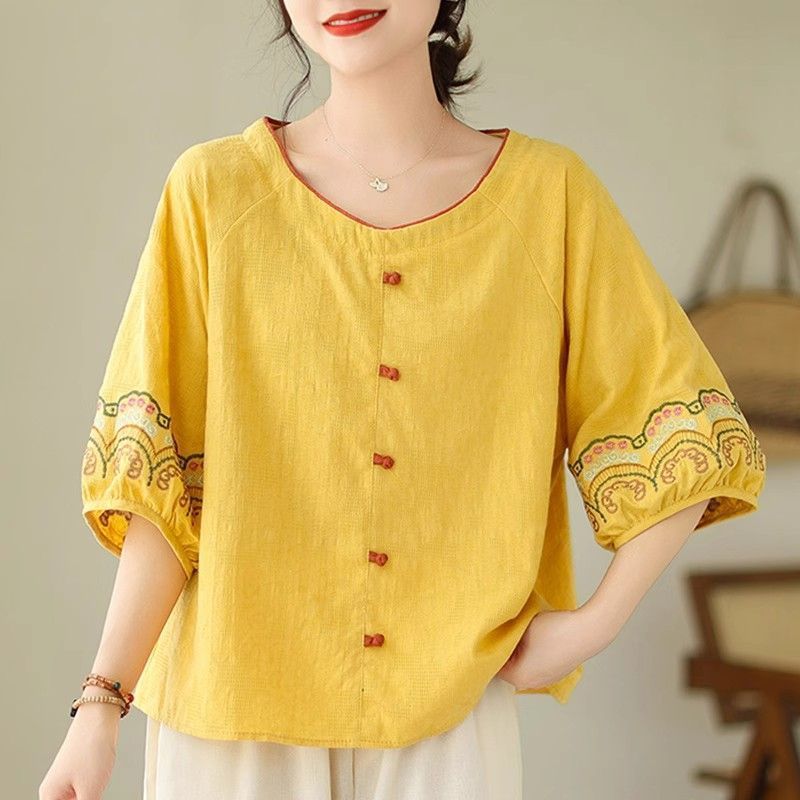 Middle-Aged Mother Cotton and Linen Half-Sleeved Embroidered Tops Literary Retro Loose Short-Sleeved T-Shirts Spring and Summer New Women's Clothing