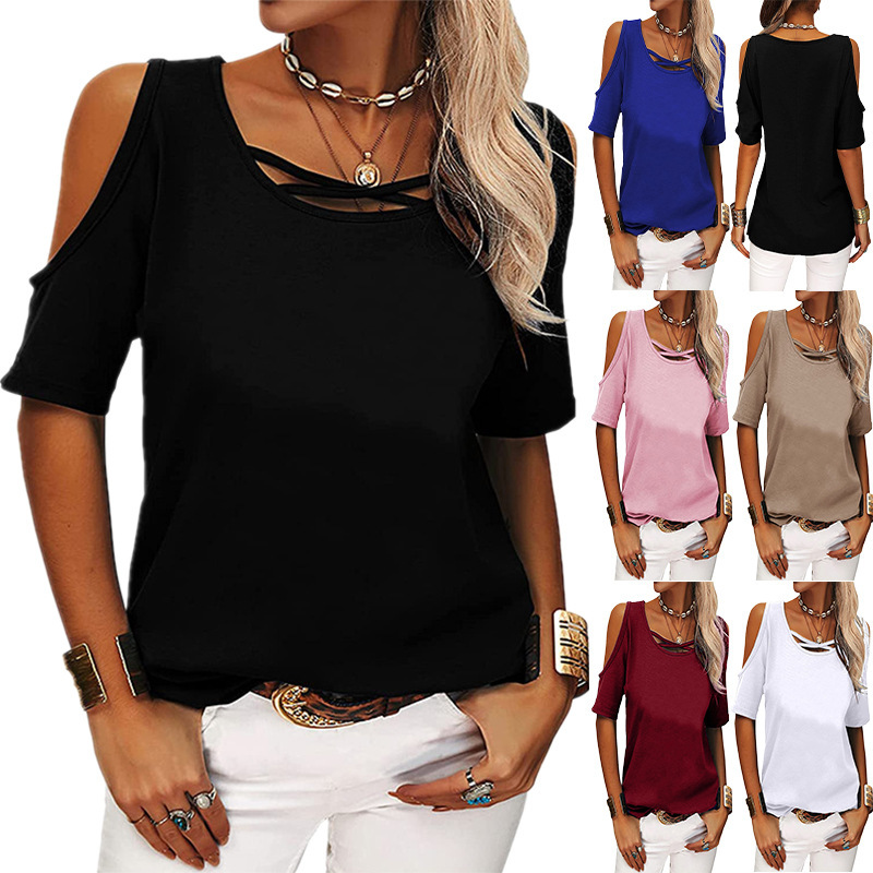 European and American Cross-Border 2023 Spring and Summer Amazon Wish Women's Casual Solid Color Off-Shoulder Loose Short-Sleeved T-Shirt Feminine Style