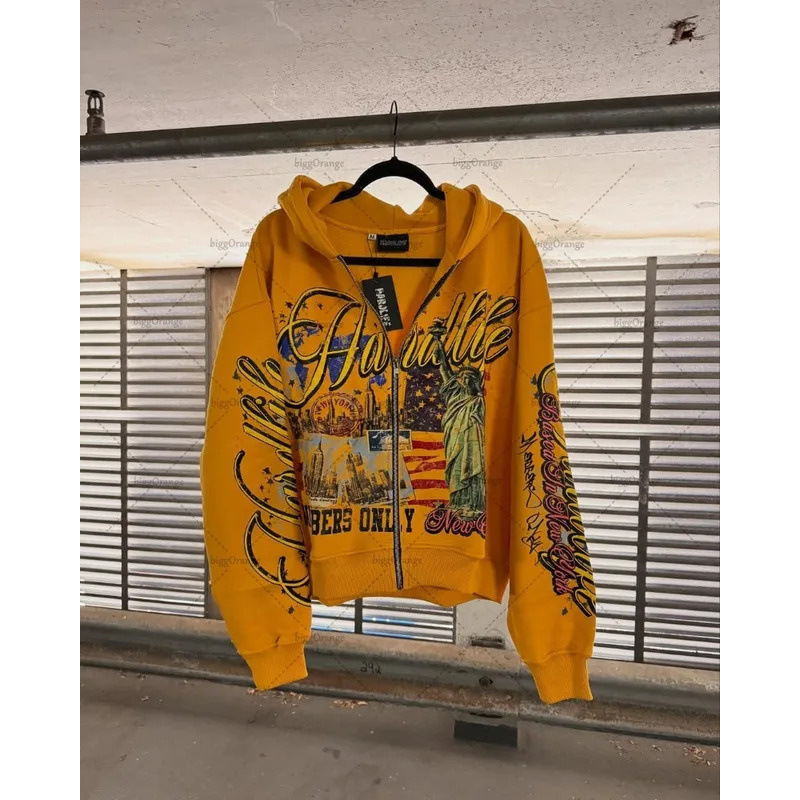 Trendy Hip-Hop Y2K Streetwear American Retro Letter Hooded Cardigan Printed Loose Sports Harajuku Style Sweatshirt QC-foto från 1688 på Qualit.ly