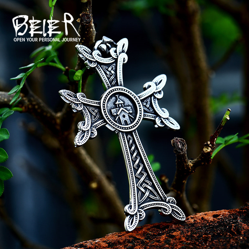 beier New Stainless Steel Cross Pendant Jewelry Nordic Viking Celtic Knot Titanium Steel Necklace Pendant