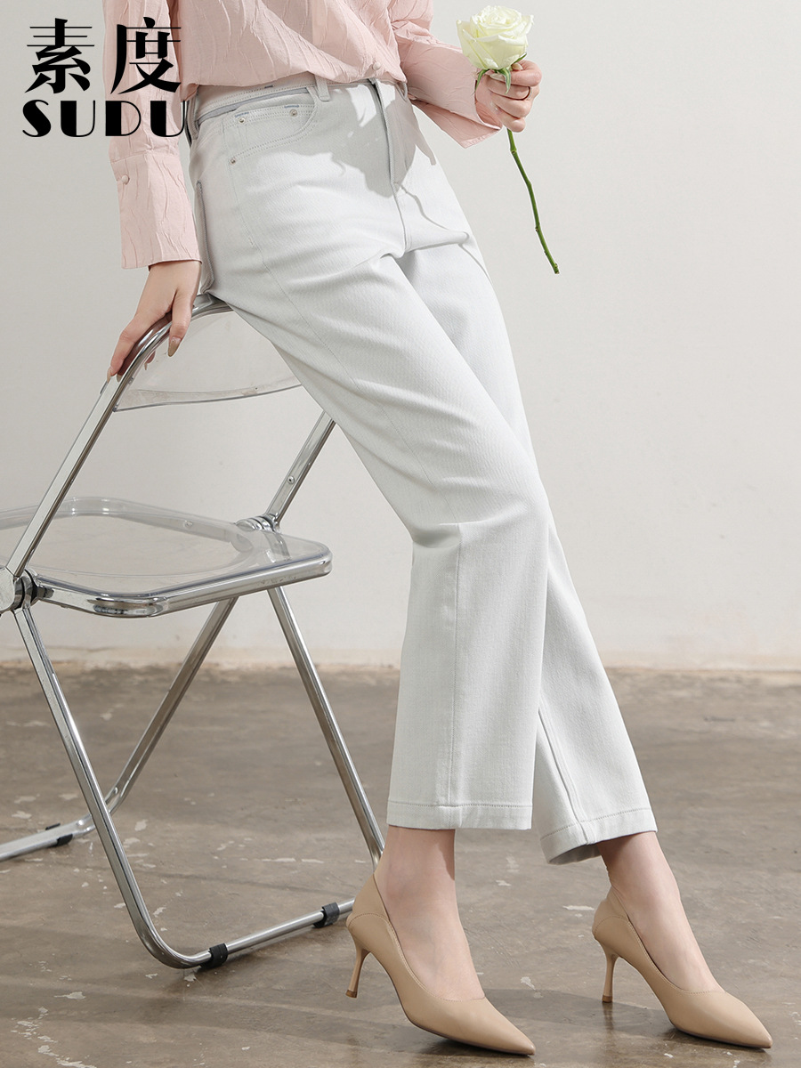 Sudu's New Beige Four-Way Stretch Jeans for Women with Contrasting Waistband and Lyocell Cotton Slimming Baguette Pants, Nine-Tenths Length