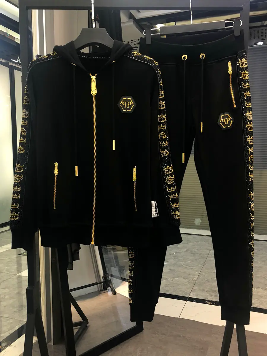 European Station Fashion New Trendy Brand Sports Suit Men's Bronzing Diamond Casual Hooded Cardigan Sweatshirt and Sweatpants Two-Piece Set