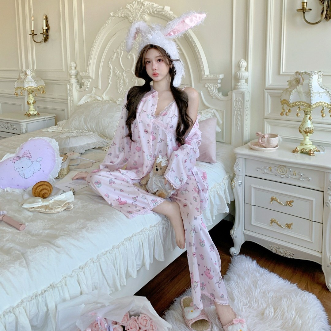 【Cute Little Nest】Cartoon Cute Three-Piece Pajama Set for Women, Pink Ice Silk Home Wear with Long Sleeves and Camisole