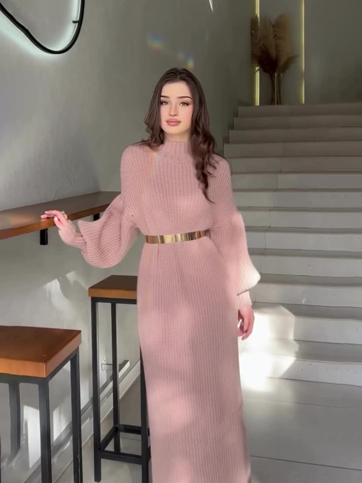 Amazon 2026 Spring New Half-Turtleneck Pullover Fashionable Lazy Style Knitted Long Dress Sweater for Women