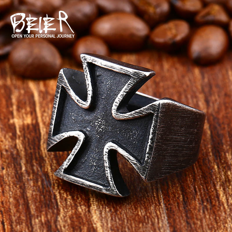 beier European and American vintage jewelry wholesale stainless steel old black men's Iron Cross Ring Ring New