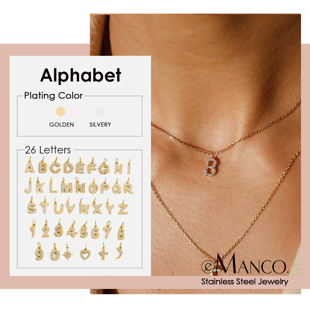 Emanco European and American Simple Stainless Steel Diamond Letter Pendant 14K Gold Plated Necklace Clavicle Chain Short Necklace