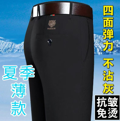 Brand Bird High Elasticity Spring and Autumn Thick Style Casual Pants for Middle-Aged Men, Loose Straight Business Non-Iron Dress Pants for Autumn and Winter