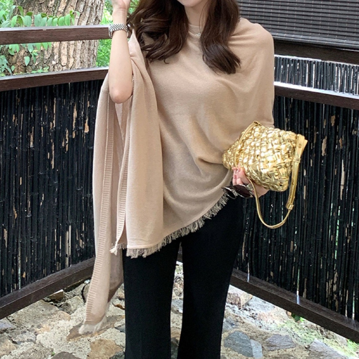 Old Money Style Irregular Cape Shawl 2026 Spring/Summer Versatile Mid-Length Tassel Knitwear
