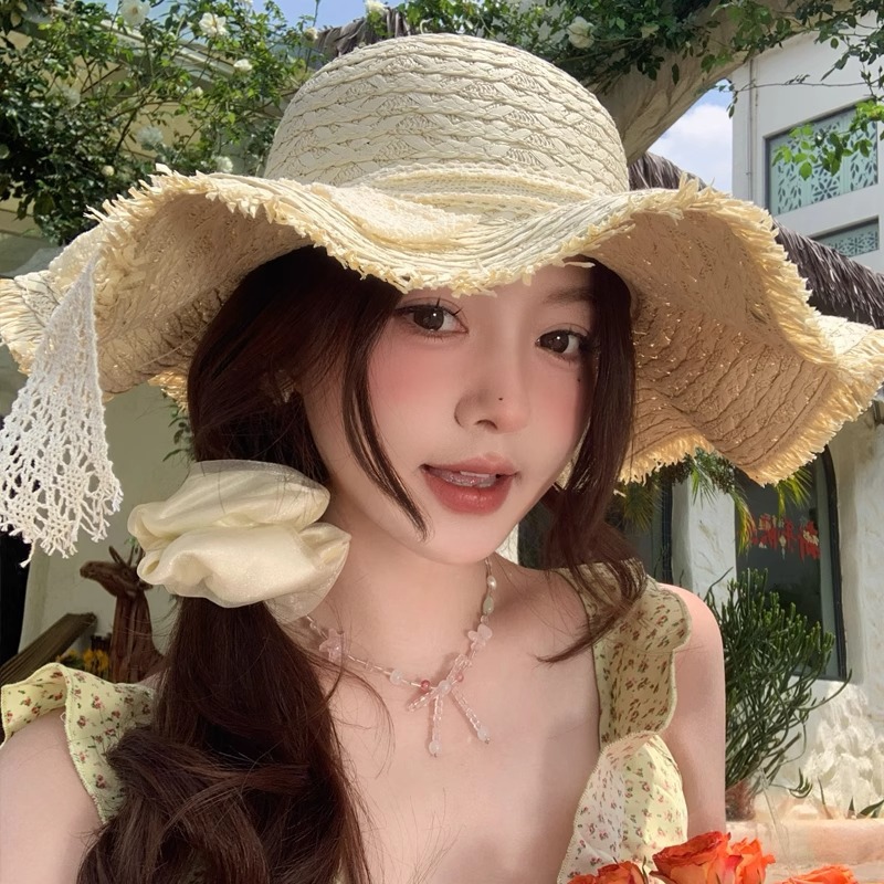 French-Style Bow Lace Large Brim Wavy Straw Hat for Women, Summer Seaside Vacation Style Straw Sun Hat