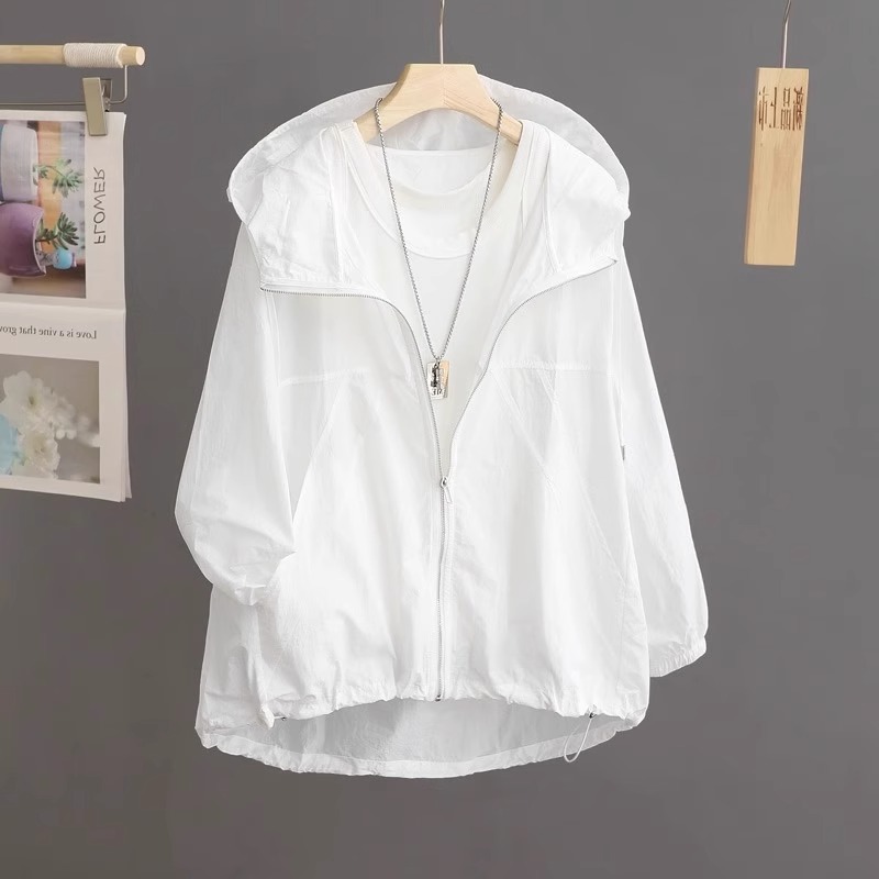 Cool Hooded Sun Protection Jacket for Women Summer Loose Slimming Look White Lightweight Breathable Long-sleeved Zipper Cardigan Top
